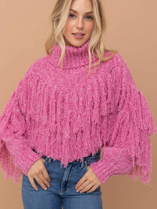 Fringe Cropped Sweater - Pink