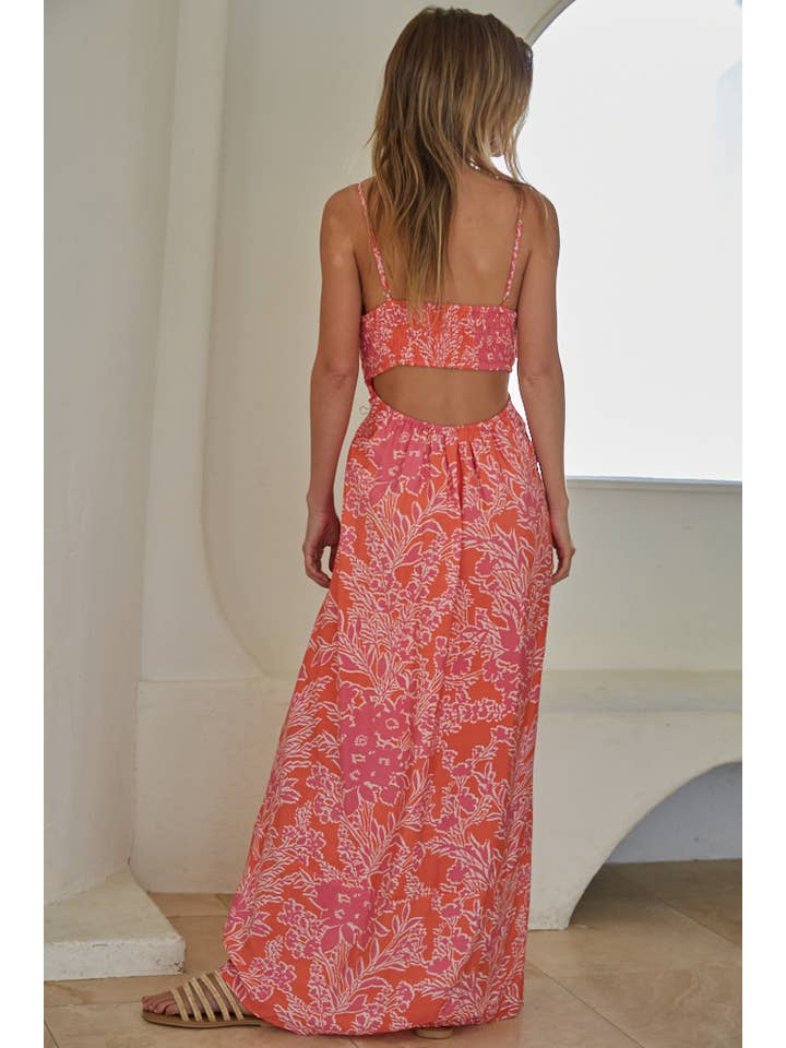 Open Back Smocked Maxi Dress - Orange Pink