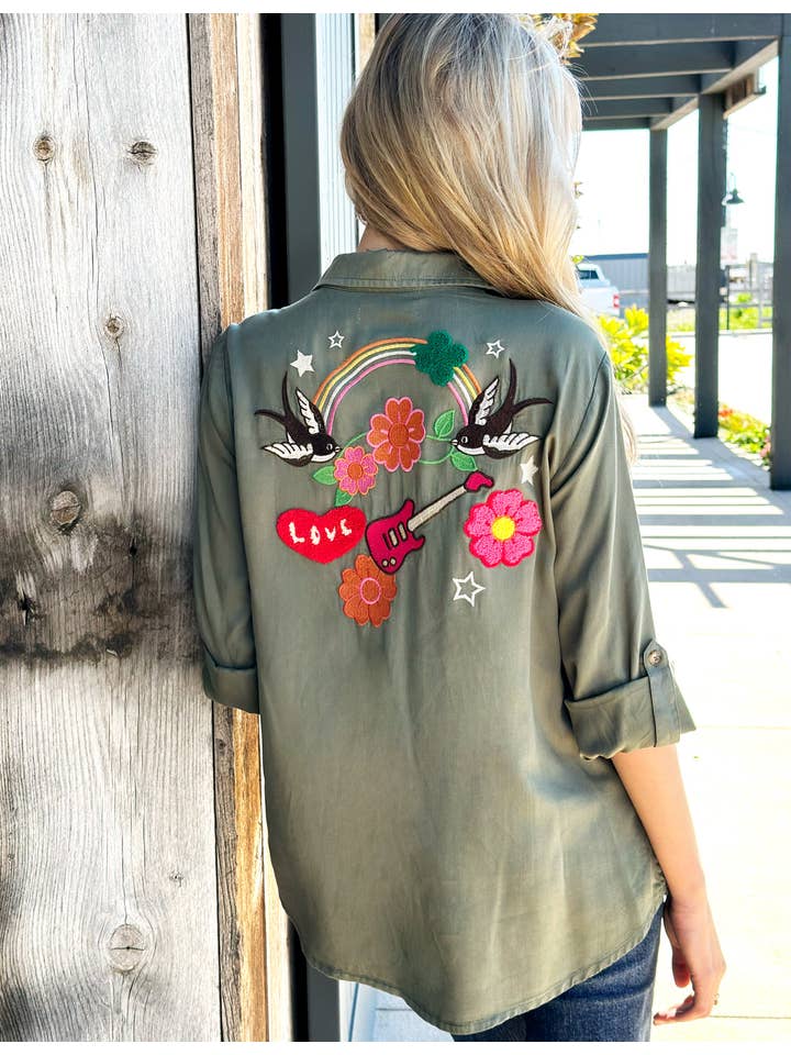 Embroidered Shirt - Birds of a Feather Olive