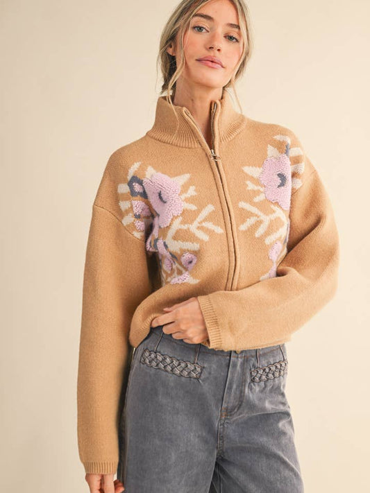 Floral Zip Cardigan - Taupe Flower