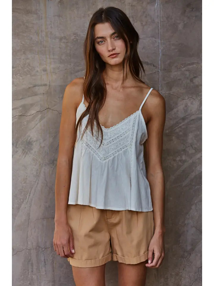 Spaghetti Strap Lace Trim Top - Cream