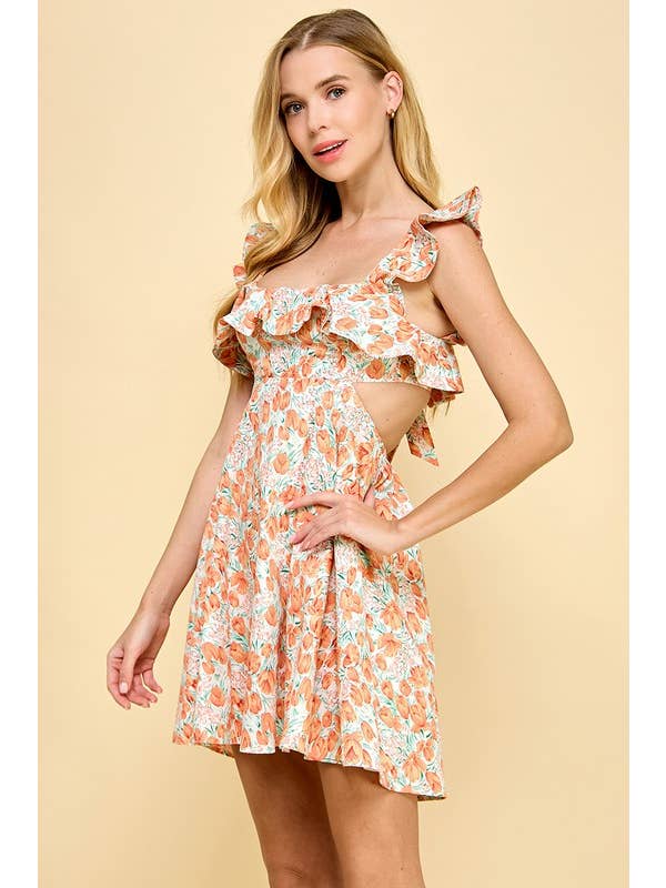 Cut Out Mini Dress - Orange Floral