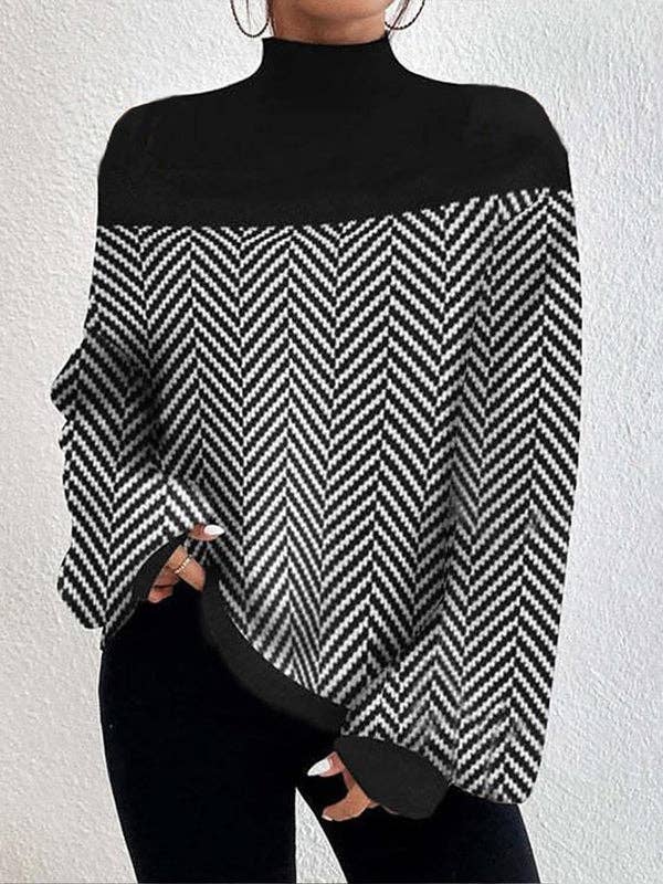 Mock Neck Sweater - Black and White