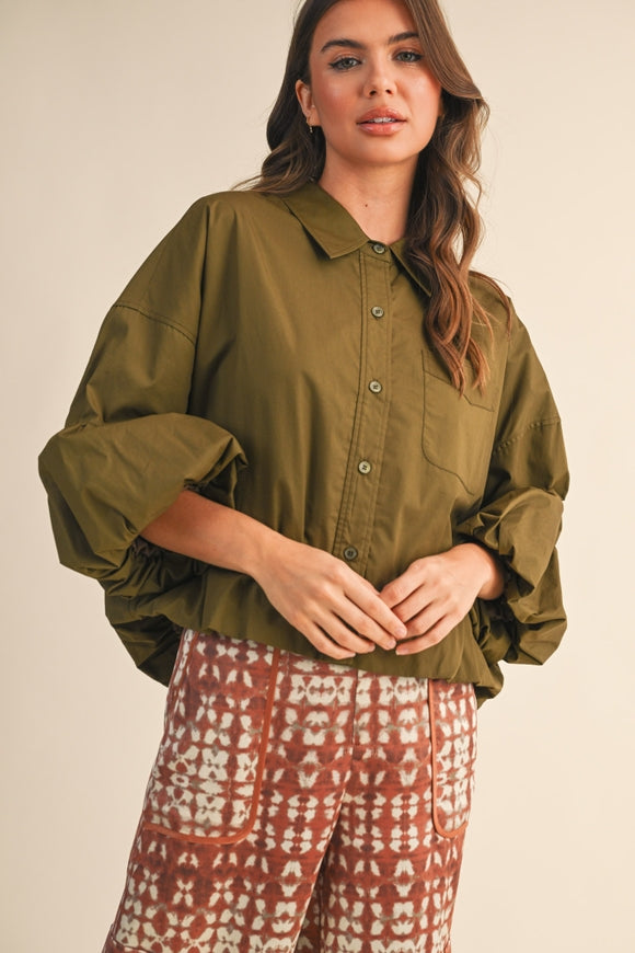 Bubble Sleeve Button Down - Ash Olive
