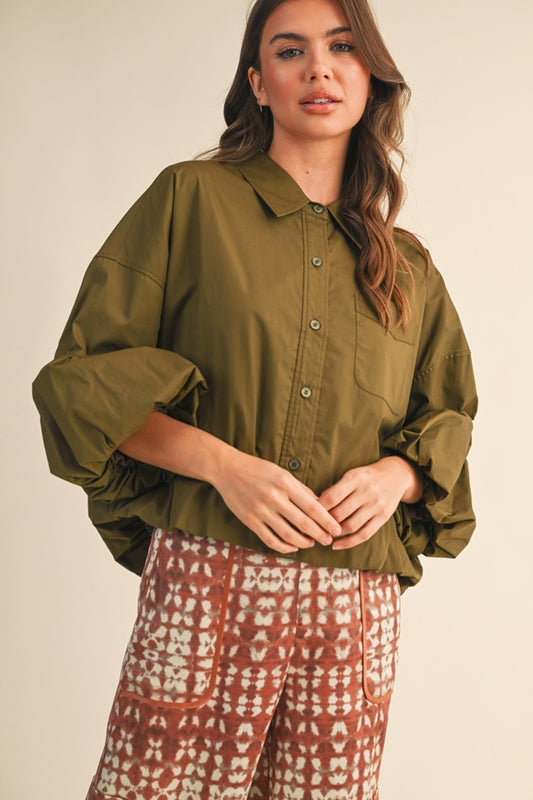 Bubble Sleeve Button Down - Ash Olive
