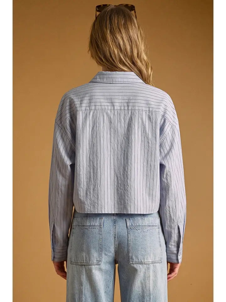 Pinstripe Cropped Button Down - Silver Blue