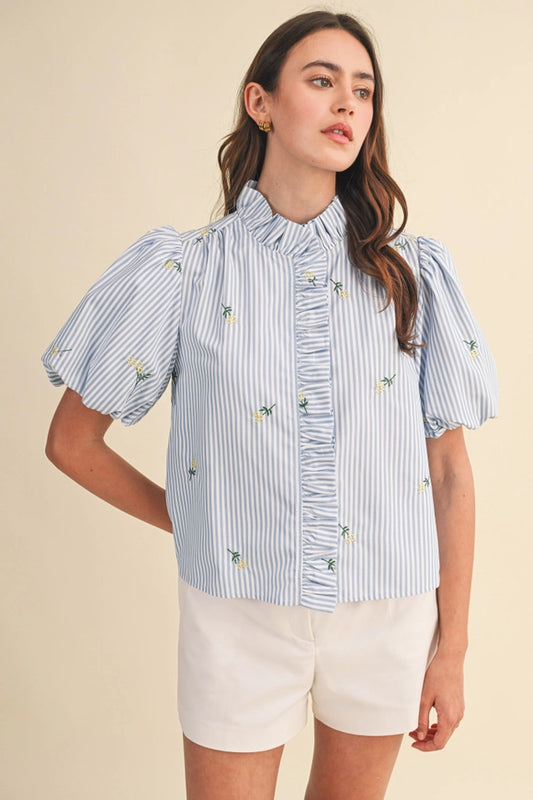 Embroidered Striped Ruffle Button Down - Blue