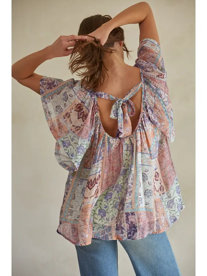 Floral Patch Print Blouse - Ivory Coral Multi
