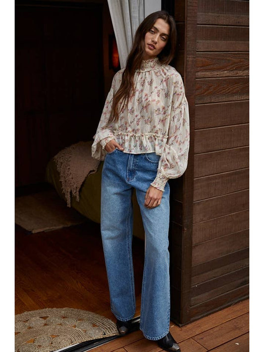 Floral Mock Neck Blouse - Cream Multi