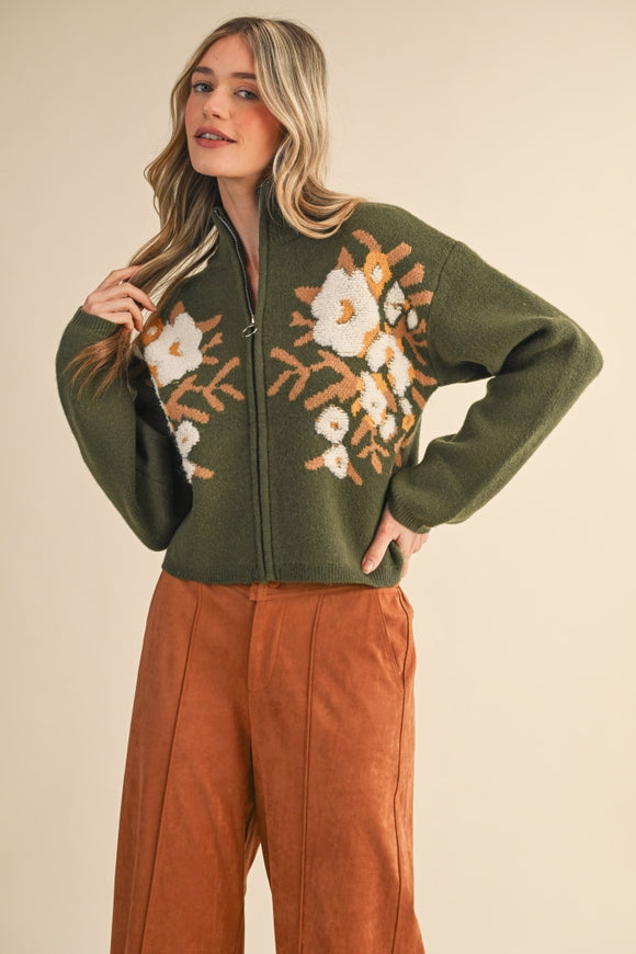 Floral Zip Cardigan - Olive Flower