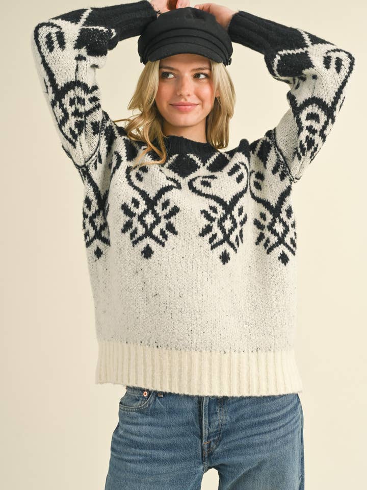 Jacquard Pullover Sweater - Cream Black