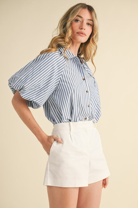 Striped Bubble Sleeve Button Down - Blue