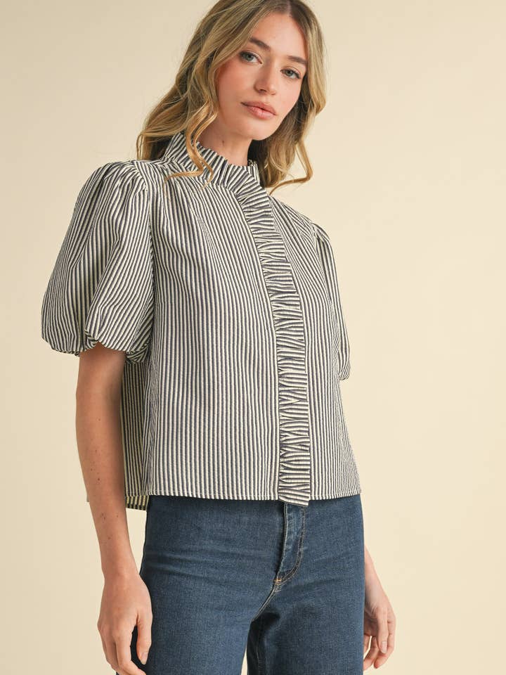Striped Ruffle Button Down - Dark Denim