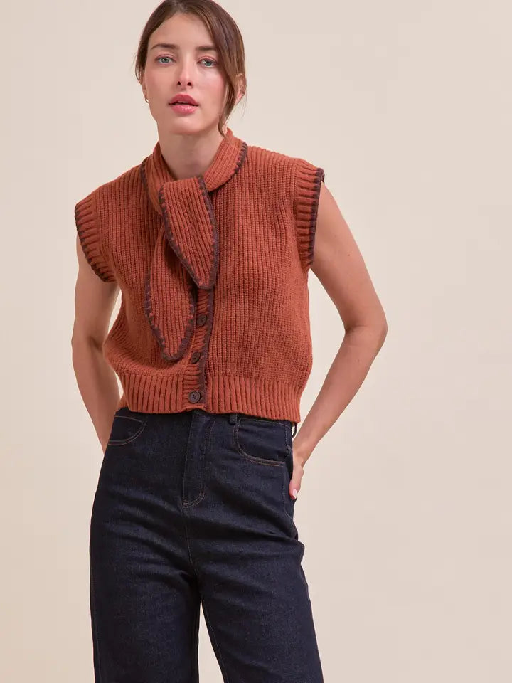 Tie Neck Sweater Vest - Caramel Brown