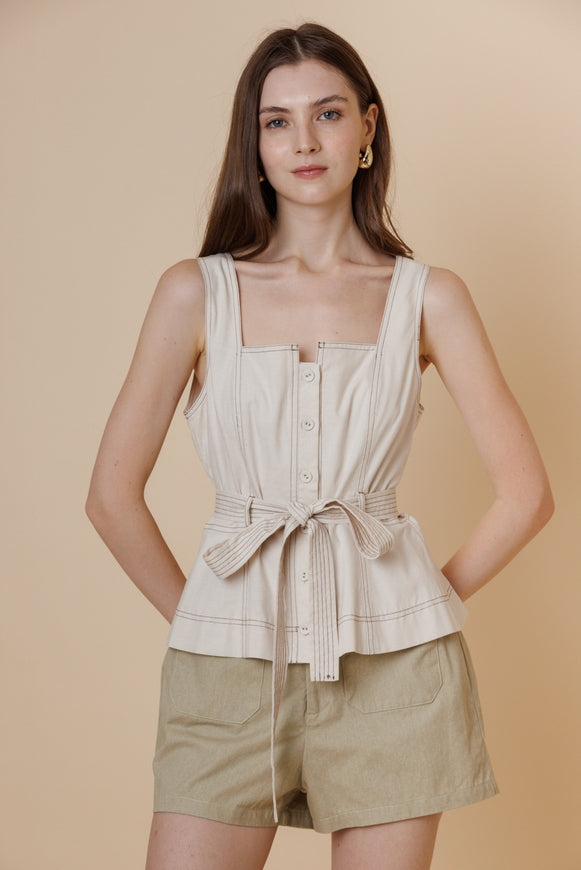 Structured Button Front Tank Top - Oatmeal