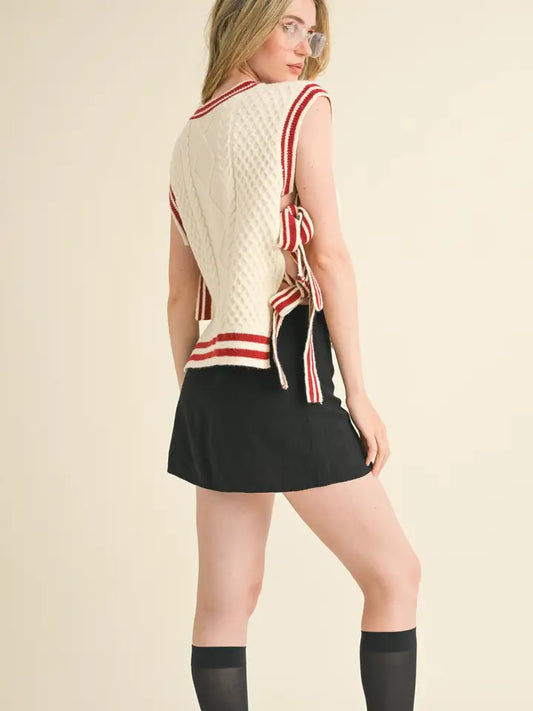 V-Neck Side Tie Sweater Vest - Ivory Brick