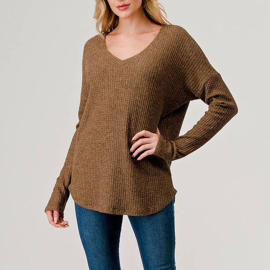 V-Neck Brushed Knit Top - Coffee