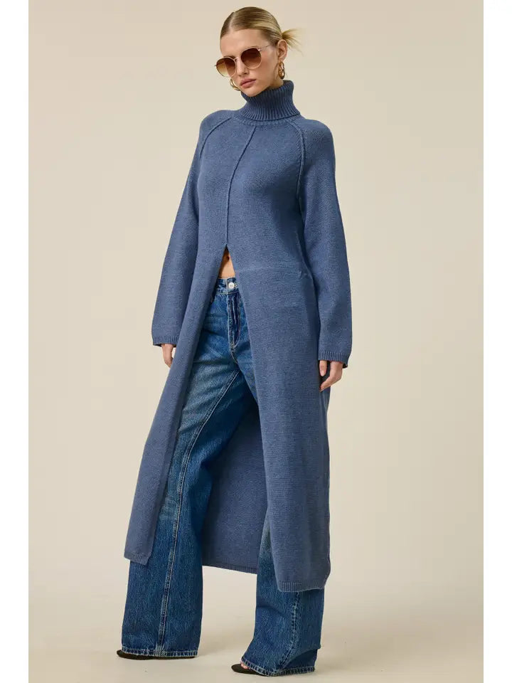 Ribbed Turtleneck Sweater Slit Dress - Jean