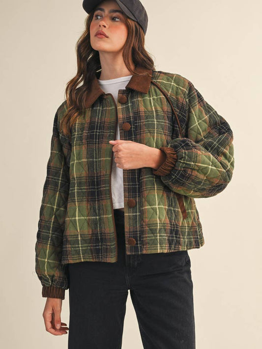Plaid Quilted Jacket - Olive Multi