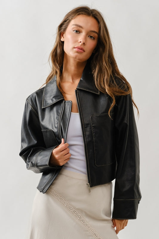 Vintage Washed Leather Jacket - Black