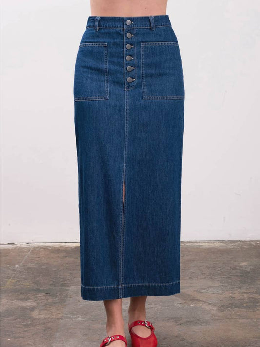 Denim Button Front Midi Skirt