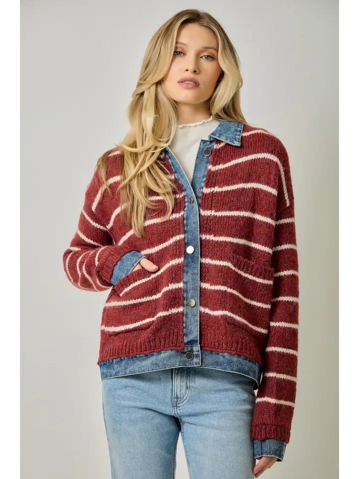 Striped Denim Hem Sweater Jacket - Chili