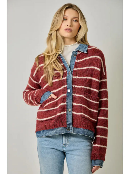 Striped Denim Hem Sweater Jacket - Chili