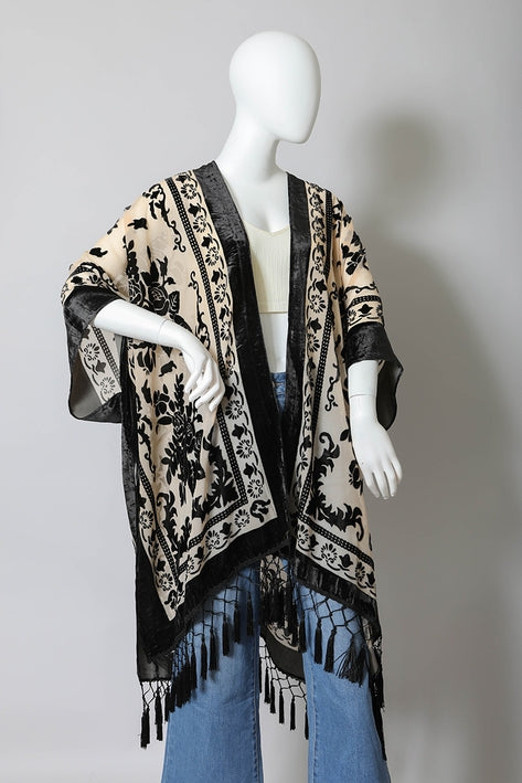 Velvet Mesh Tapestry Tassel Kimono - Black
