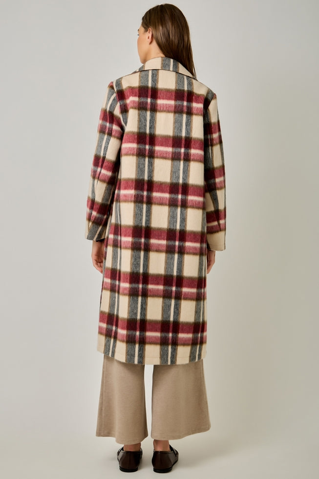 Brushed Plaid Long Coat - Ivory Mix