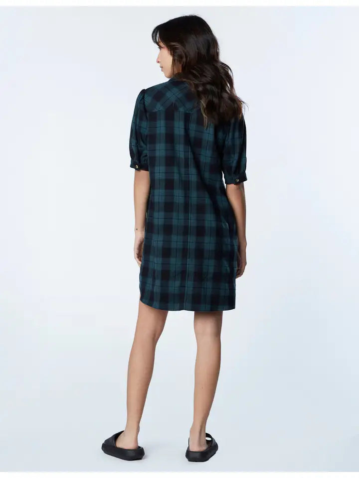 Puff Flannel Shirtdress - Forest Plaid