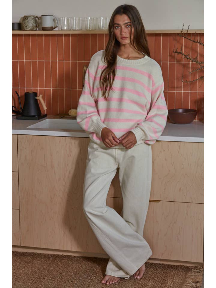 Davis Striped Sweater - Ivory Pink