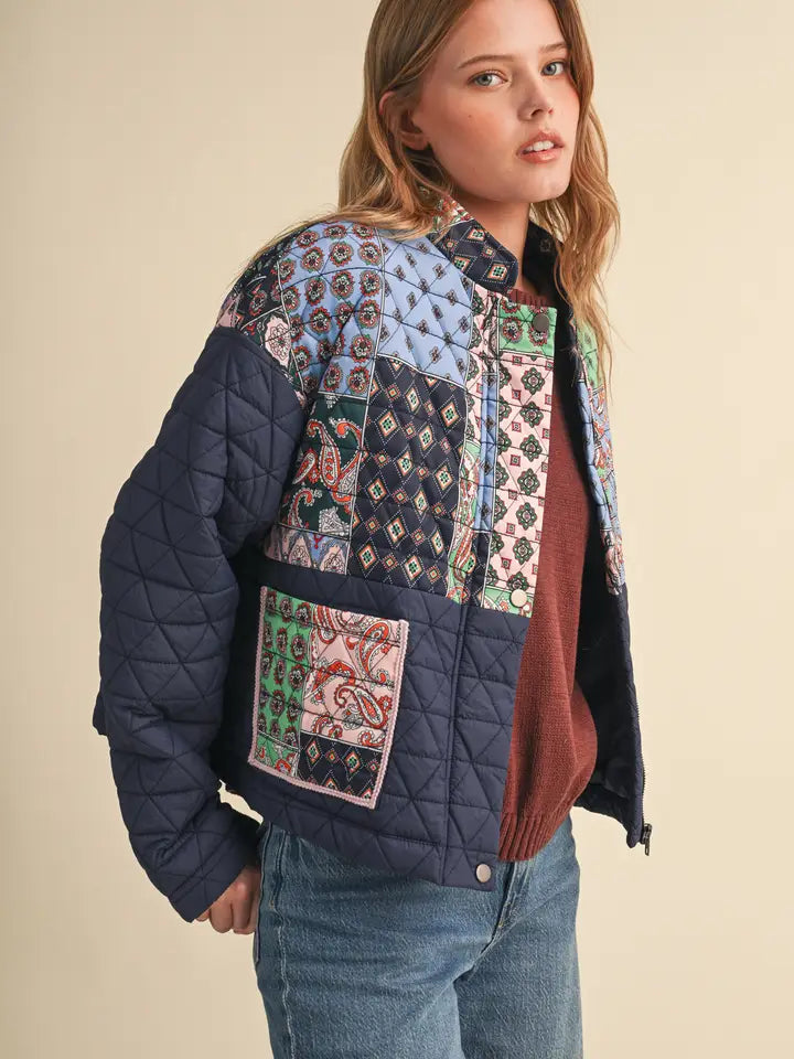Patchwork Quilted Puff Jacket - Navy