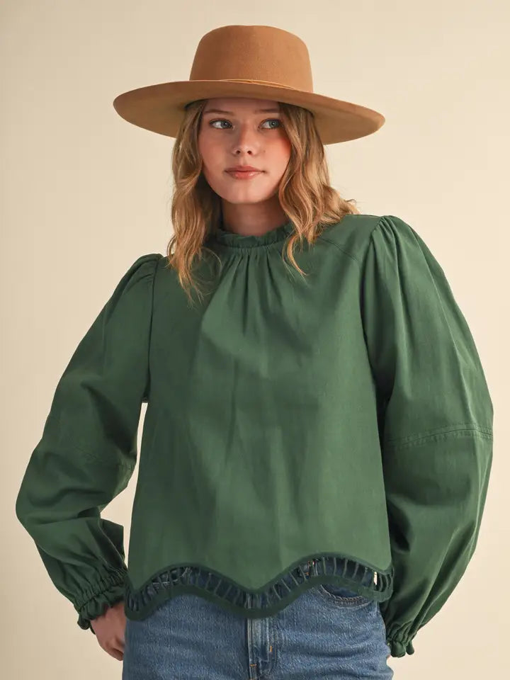 Embroidered Cut-Out Hem Long Sleeve Top - Sage Garden