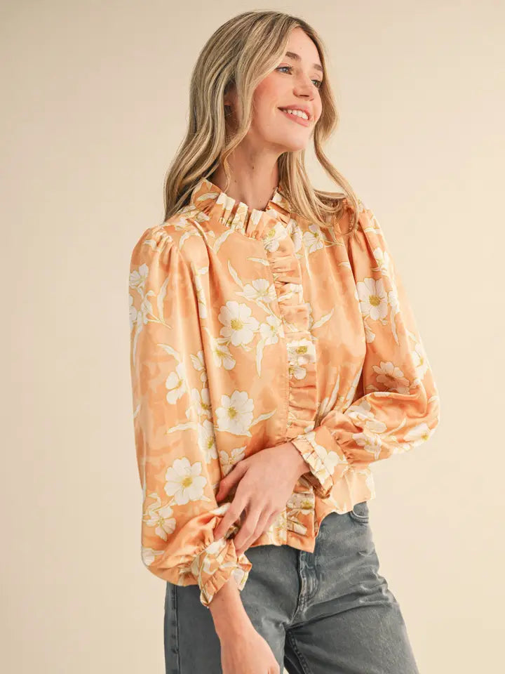 Floral Ruffle Long Sleeve Button Down - Champagne