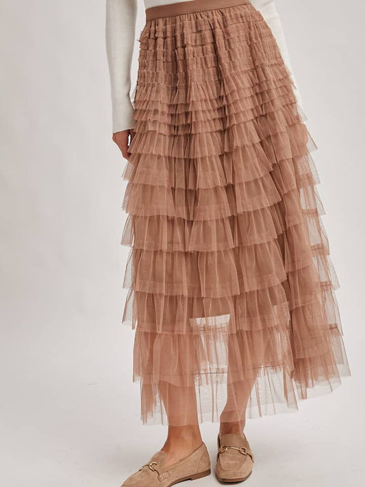 Ruffled Tulle Midi Skirt - Mocha