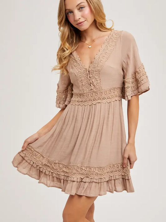 V-Neck Lace Open Back Dress - Latte