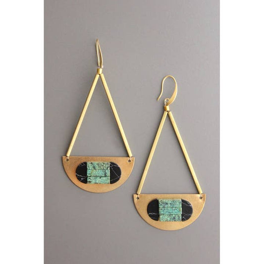 Geometric Green Turquoise and Brass Earring