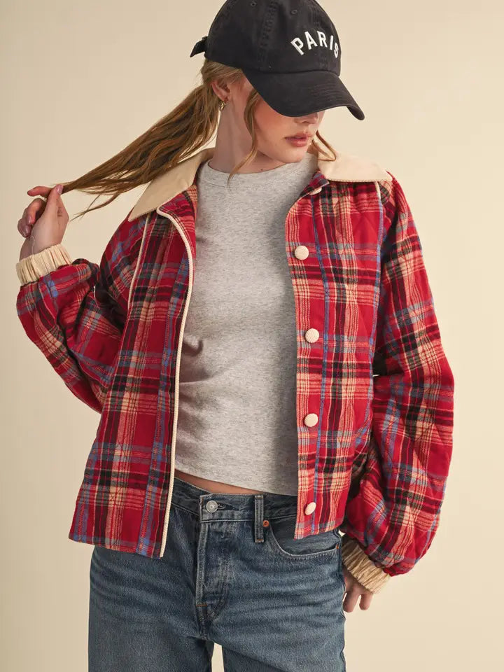 Plaid Quilted Jacket - Red Blue