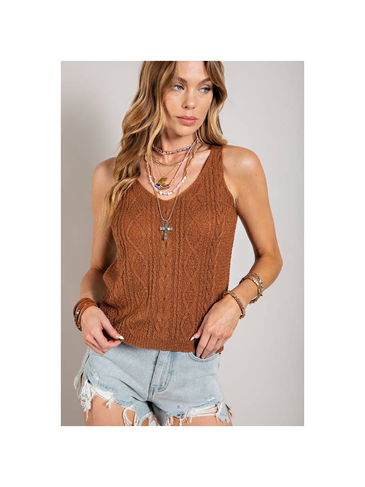 Cable Knit Sweater Top - Brown