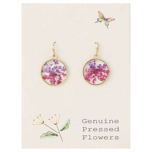 Dried Floral Earrings - Pink Purple Round