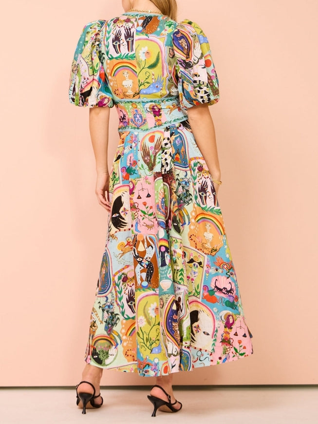 Puff Sleeve Midi Dress - Evergreen Graffiti