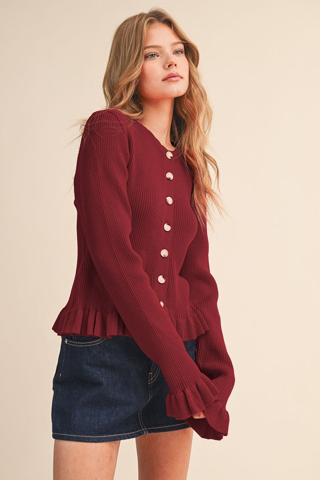 Ruffle Hem Ribbed Cardigan - Burgundy
