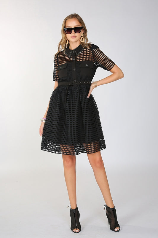 Hollow Out Lace Dress - Black