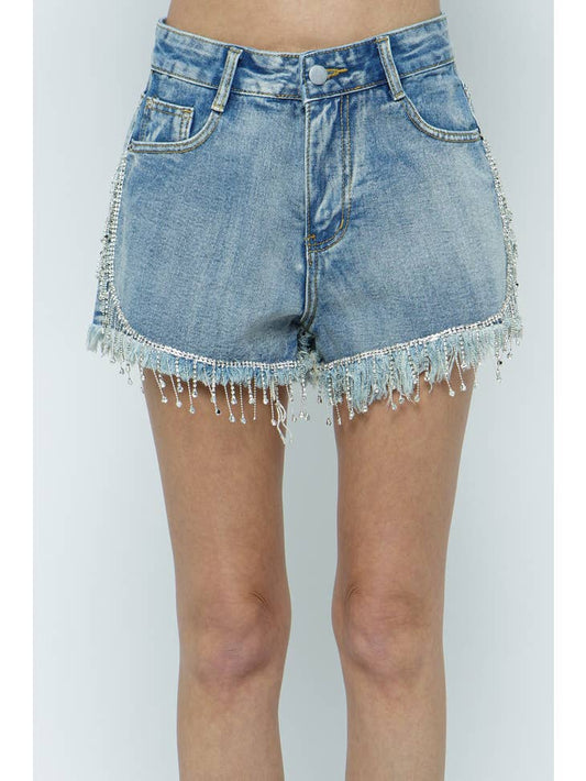 Fringe Rhinestone Frayed Denim Short