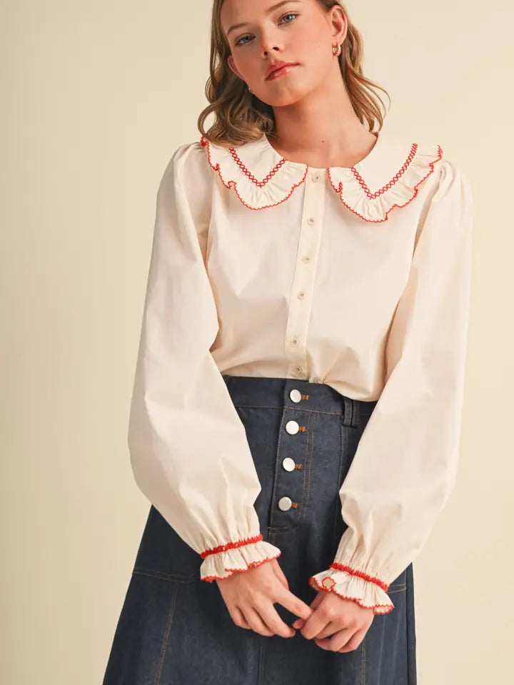 Embroidered Ruffled Doll Collar Button Up Top - Cloud Cream