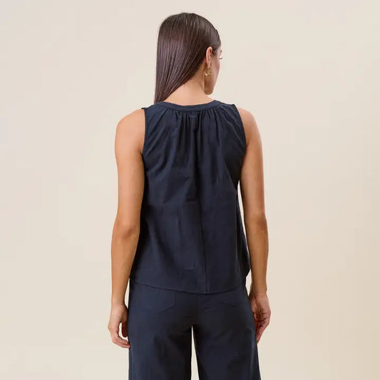 Embroidered Sleeveless Blouse - Navy