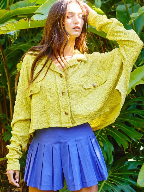 Textured Crop Shacket - Chartreuse