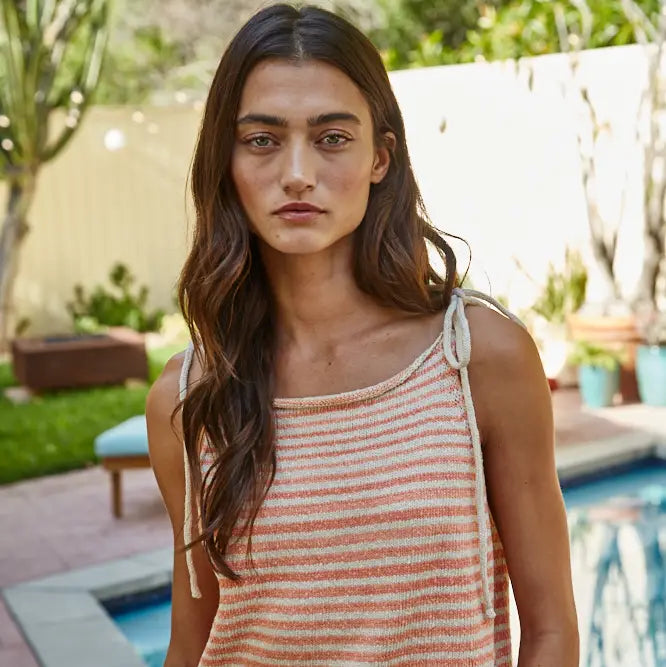 Striped Spaghetti Tie Strap Top - Coral Natural