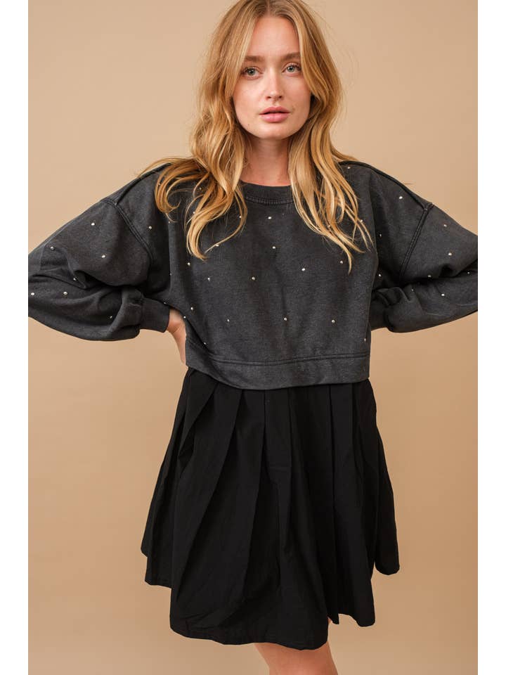 Embellished Sweatshirt Dress - Black