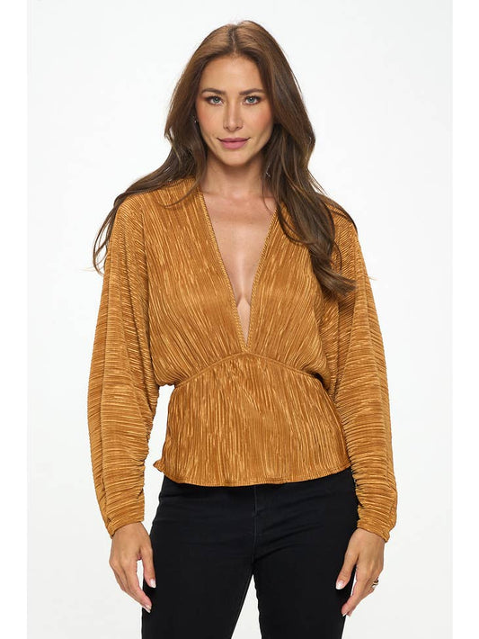 Plissé Dolman Sleeve Top - Caramel